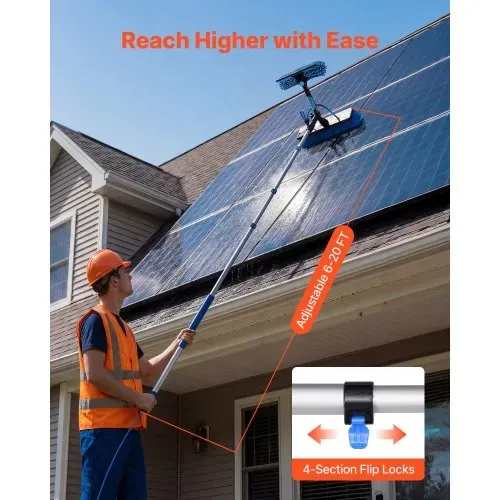 VEVOR Teleskop Waschbürste für Solarpanel, Photovoltaik Reiniger inkl. 1,7-6m Alu-Teleskop 20m Wasseranschluss 180° Bürste Abzieher Seifenspender, Reinigungsset für Solaranlage Fenster Terrassendach – Bild 3