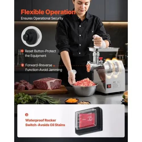 VEVOR elektrischer Fleischwolf mit 2,3 kg/min Kapazität, industrieller 600 W Tisch-Fleischwolf mit Klinge & Mahlplatte, Wurstmaschine, kommerzieller Fleischwolf aus Edelstahl für Küche Restaurant – Bild 3
