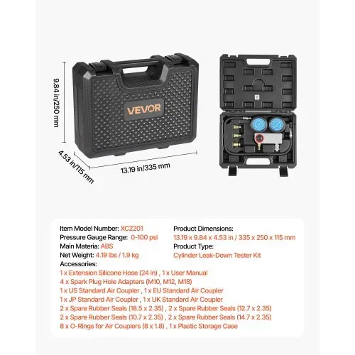 VEVOR Kfz Druckverlusttester Set 0-100 PSI Doppelmanometer Zylinder Druckprüfgerät Kompressionstester inkl 4 Adapter und Luftanschlüsse Leckratenmessgerät für Auto und Motorrad Leckratenmessung – Bild 6