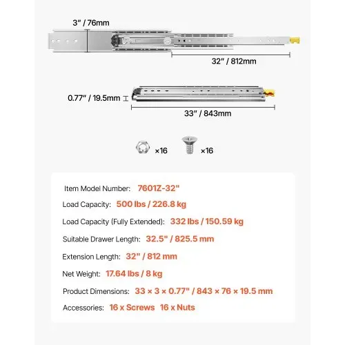 VEVOR 1 Paar Schubladenschienen mit Vollauszug 812 mm, 226 kg Tragkraft, Schubladenführungen, Kugellager mit Sperre, seitlich montierte Teleskopschienen, ideal für Schränke, Industrieschubladen – Bild 6
