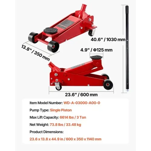 VEVOR Hydraulischer Rangierwagenheber 3 t Tragkraft, Flacher Wagenheber aus Stahl mit Einkolben-Schnellhubpumpe, Autoheber für Sportwagen SUVs Pickups, 13–50 cm Hubbereich, Rennwagenheber Rot – Bild 6