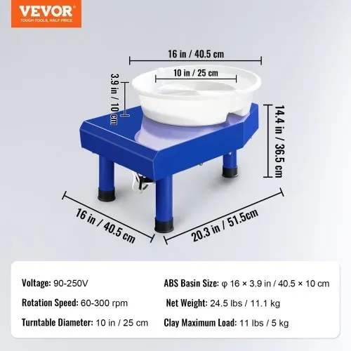 VEVOR Töpferscheibe Keramik Rad Maschine 350 W, Elektrische Töpferscheibe Maschine 25 cm 300 U/min Töpferscheibenmaschine, mit Pedal & Schürze Formmaschine, Geeignet für Anfänger, Enthusiasten – Bild 6