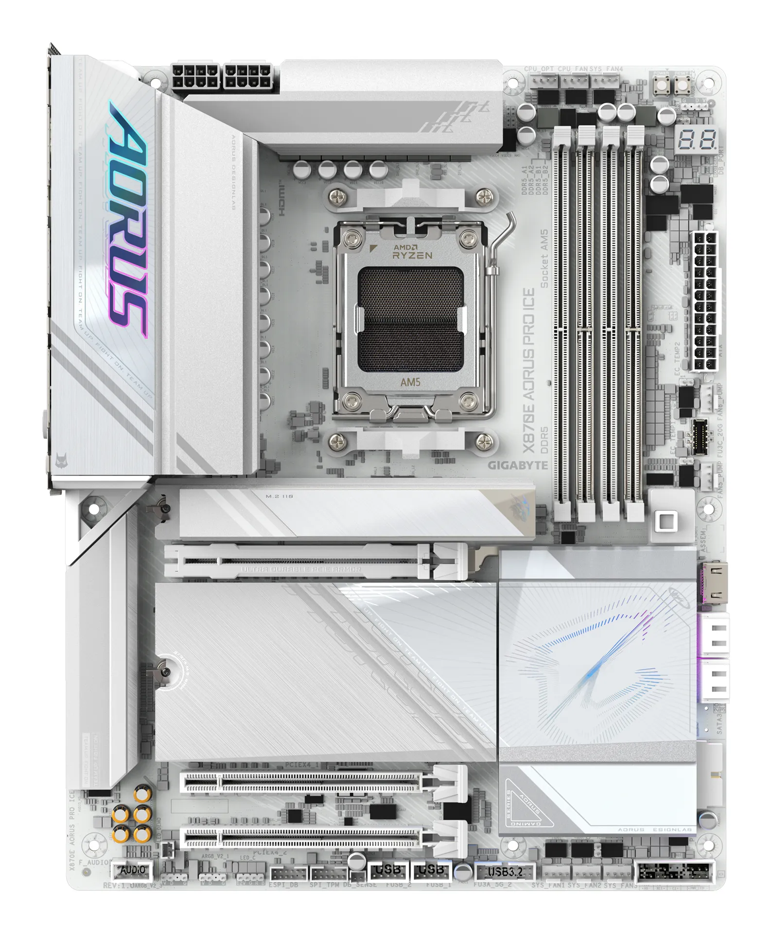 GIGABYTE X870E AORUS PRO ICE Motherboard - Unterstützt AMD Ryzen 9000 CPUs, 16+2+2 Phasen Digital VRM, bis zu 8000MHz DDR5 (OC), 3xPCIe 5.0 + 1xPCIe 4.0, Wi-Fi 7, 2.5GbE LAN, USB 4 – Bild 2