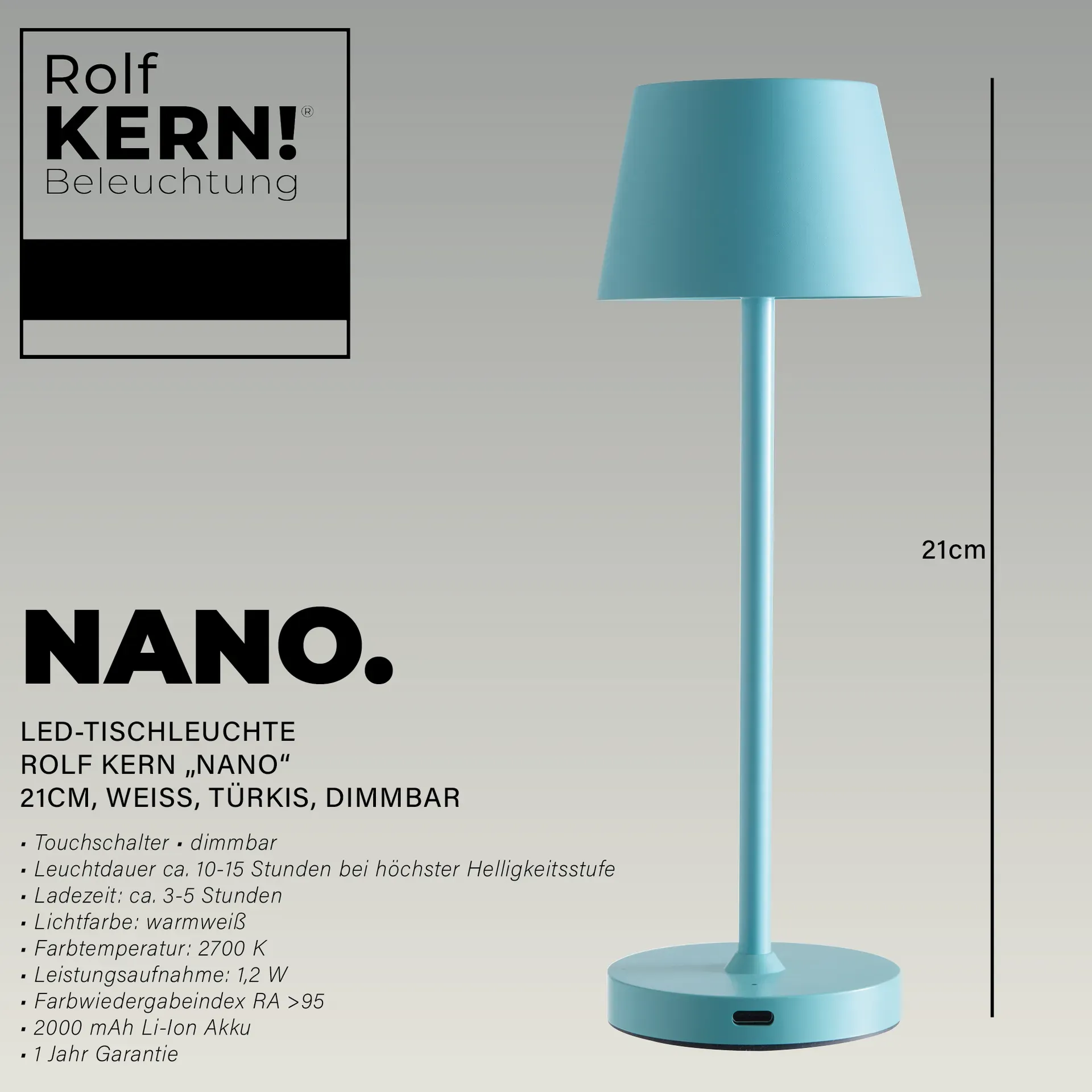 LED-Tischleuchte ROLF KERN Club Nano 21cm, Türkis, Akku, dimmbar – Bild 2