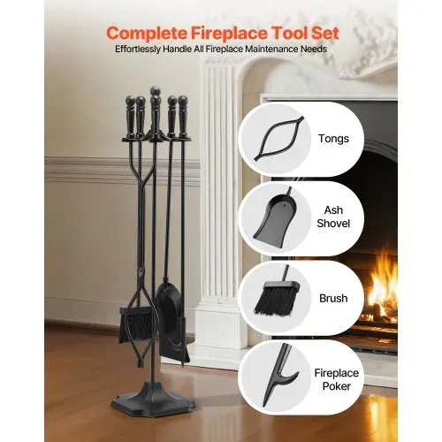 VEVOR Kaminbesteck-Set, 5-tlg. Ofenbesteck-Set, fünfzackiger Ständer, Zange, Ascheschaufel, Bürste, Schürhaken, Kaminzubehör aus Schmiedeeisen für Lagerfeuer drinnen/draußen, Schwarz VEVOR Kaminbesteck-Set, 5-tlg. Ofenbesteck-Set, fünfzackiger Ständer, Zange, Ascheschaufel, Bürste, Schürhaken, Kaminzubehör aus Schmiedeeisen für Lagerfeuer drinnen/draußen, Schwarz