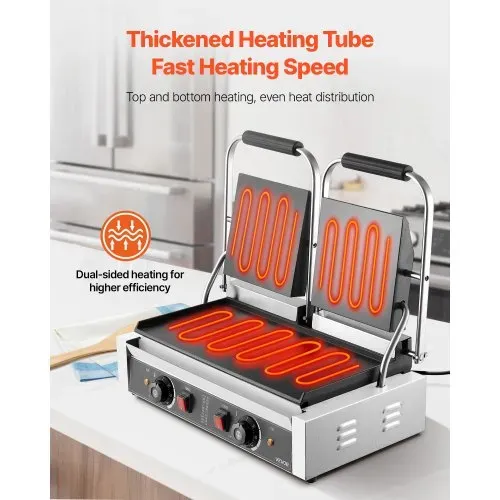 VEVOR kommerzieller Kontaktgrill 3600 W Elektrogrill Sandwichmaker (Doppelbackplatten) Panini Presse aus Edelstahl mit Temperaturregelung, 48 x 23 cm flache Emailleplatte, für Hamburger Steak Speck VEVOR kommerzieller Kontaktgrill 3600 W Elektrogrill Sandwichmaker (Doppelbackplatten) Panini Presse aus Edelstahl mit Temperaturregelung, 48 x 23 cm flache Emailleplatte, für Hamburger Steak Speck