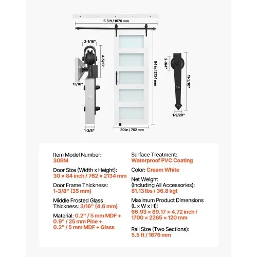 VEVOR Schiebetür im Scheunenstil Schiebetürsystem (762 x 2134 mm) aus hochfesten MDF-Platten & Milchglas, Scheunentor mit Hardware-Kit & wasserfester PVC-Oberfläche & H-Rahmen für Badezimmer – Bild 6