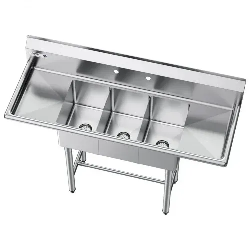 VEVOR Spülbecken mit 3 Becken & 2 Abtropfflächen & Spritzschutz, Küchenspüle (1372 x 508 x 1097 mm), Küchenspüle für Restaurants Imbisswagen Privaten Gebrauch, Edelstahlspüle Silber – Bild 8