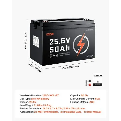 VEVOR LiFePO4 Batterie 24 V 50 Ah 50 A Lithiumbatterie mit Bluetooth BMS, Geeignet für Wohnmobile Campingwagen Solarenergiespeicher und Elektromotoren, 20-29,2 V DC, Niedertemperaturschutz, 1280 Wh – Bild 6