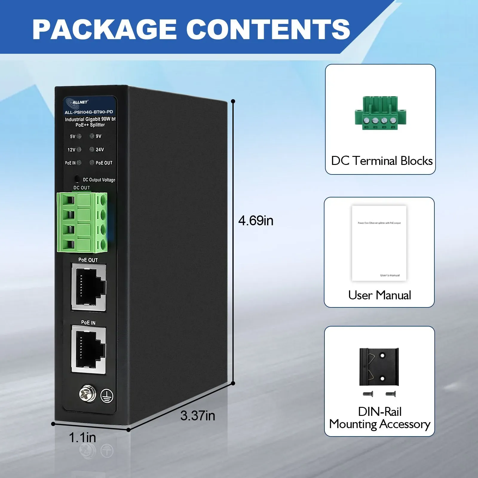 ALLNET PoE Splitter/Extractor industrial • 1x GbE PoE BT IN • 1x GbE PoE Out • 5V/9V/12V/24V adjustable • DIN-Rail • ALL-PSI104G-BT90-PD – Bild 7