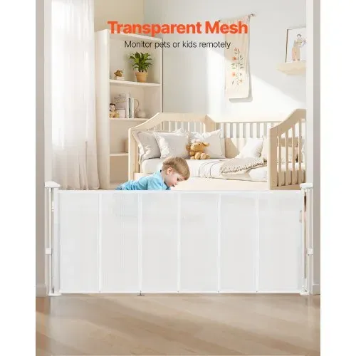 VEVOR einziehbares Babygitter ausziehbar (max. 180 cm breit 87 cm hoch), einziehbares Gitter für Kinder oder Haustiere, Netzmaterial, Türsturzgitter für Innentreppen Türen Flure Spielzimmer, weiß – Bild 3