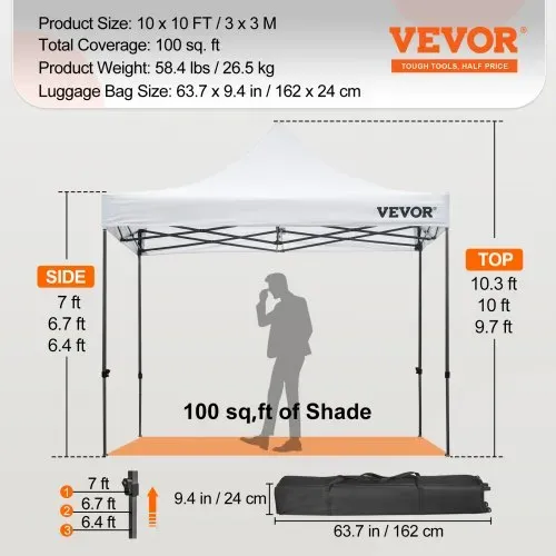 VEVOR Pavillon faltbar 3x3m Faltpavillon 240g PVC-beschichtetes Polyester Pop-Up-Pavillon 1,95-2,13m Einstellbar Partyzelt Festzelt Strandzelt Weiß für Hochzeiten oder andere kommerzielle Aktivitäten – Bild 6
