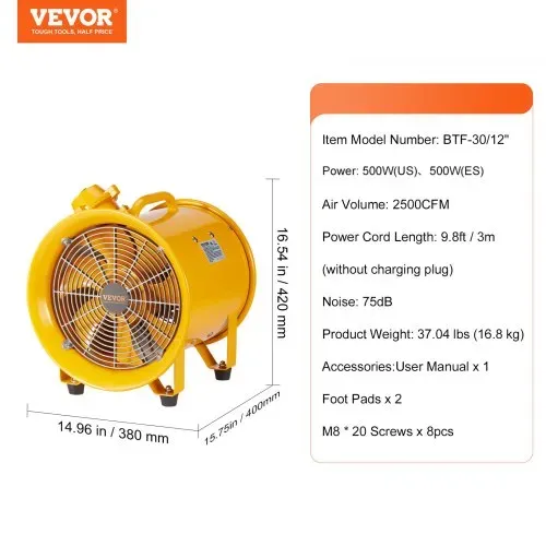 VEVOR Bauventilator 550-W-AC-Motor Baugebläse 2850 U/min Baulüfter Gebläse 1179 L/s (2500 CFM) Axiallüfter 3 m Netzkabel Axialgebläse 75 dB Geräuschpegel Industrielüfter IP44 – Bild 6