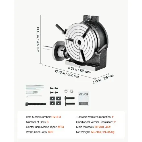 VEVOR Rundtisch Teilapparat Schwenkbar Horizontal/Vertikal 200 mm Drehtisch, für Fräsmaschinen & Bohrmaschinen, mit T-Nut & Skala, Schneckengetriebeverstellung, aus Gusseisen, Präzisionsindexierung, – Bild 6