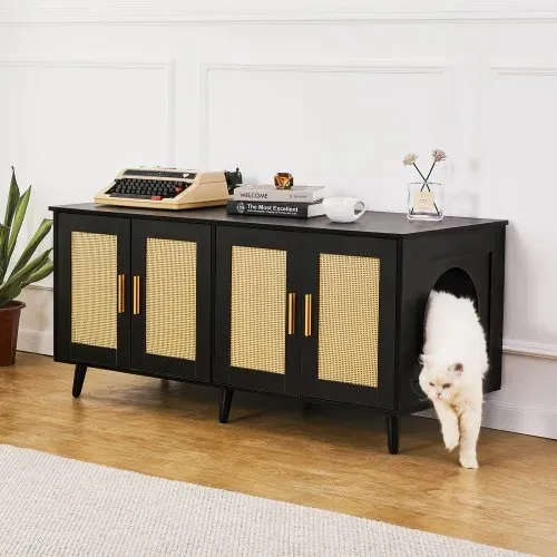 VEVOR Katzentoilettengehäuse für 2 Katzen, Katzentoilettenmöbel versteckt mit Rattan-verzierten Türen, Katzentoilettenschrank aus Holz passt in die meisten Katzentoiletten, 119,4 cm L x 40,1 cm B x 55,6 cm H, schwarz – Bild 7