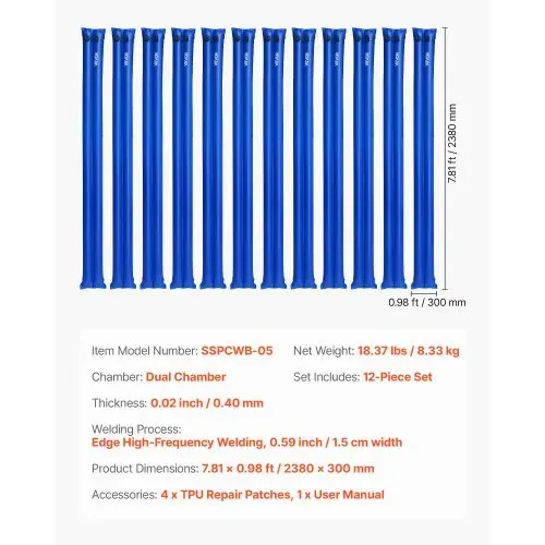 VEVOR Pool Beschwerungssack, 12 Packungen à 238 cm, 0,4 mm dicke PVC-Säcke mit Gewichten mit auslaufsicherem Schraubverschluss, Wassersäcke zur Befestigung von Poolabdeckungen im Winter, blau – Bild 6