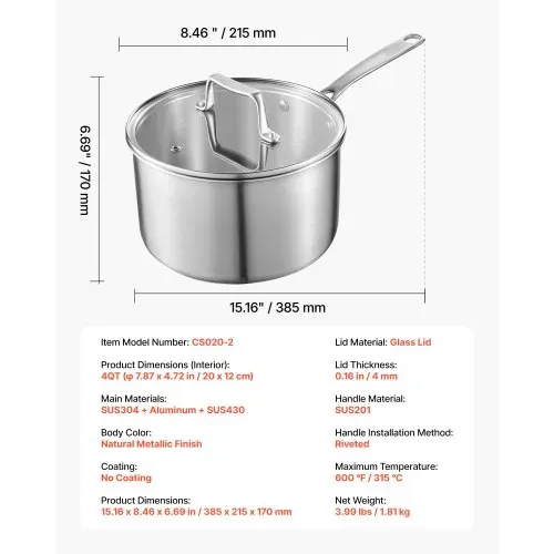 VEVOR Kochtopf Soßentopf 3,79 L mit Glasdeckel, Suppentopf Gemüsetopf mit ergonomischem Griff, Milchtopf aus Edelstahl Gemüsetopf, Silber Großraumtopf Mehrzwecktopf spülmaschinengeeignet – Bild 6