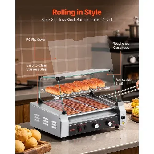 VEVOR Hot Dog Grill Maschine Hot dogs 11 Rollen Edelstahl, 2200 W, Elektrogrill mit Abdeckung & 2 Temperaturregler & seitlicher Aufbewahrungsbox & herausnehmbarem Regal & Ölauffangschale – Bild 3
