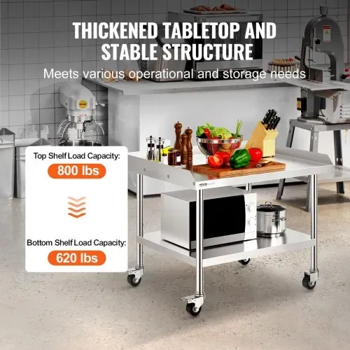 VEVOR Arbeitstisch aus Edelstahl, gewerblicher Arbeitstisch zur Lebensmittelzubereitung mit 4 Rädern, Lenkrollen, 3-seitiger Spritzschutz, 762 x 914 x 762 mm Arbeitstisch für Restaurants, Hotels – Bild 2
