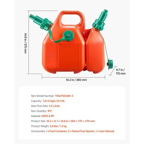 VEVOR Kraftstoffkanister, 6 L Kraftstofftank mit Ausguss & 1,9 L zusätzlichem Ölbehälter, max. Durchflussrate 5,5 L/min, Flüssigkeitsbehälter für die meisten Autos, Motorräder, ATVs & UTVs – Bild 6