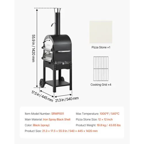 VEVOR Pizzaofen 12 Zoll Pelletöfen, 2-lagiger Pizzaofen mit Holzfeuerung, Holzbefeuerter Ofen Outdoor mit 2 abnehmbaren Rädern, Pizzamaker mit Höchsttemperatur von 540 °C zum Grillen – Bild 6