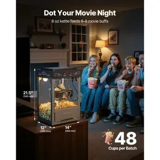 VEVOR Popcornmaschine mit Edelstahlkessel, 800 W kommerzieller Popcornmaker, 48 Tassen pro Ladung, Kinostil, mit 2-Tasten-Bedienung, Glaswand, PC-Tür, 1 Portionierer, 3 Löffel, Schwarz VEVOR Popcornmaschine mit Edelstahlkessel, 800 W kommerzieller Popcornmaker, 48 Tassen pro Ladung, Kinostil, mit 2-Tasten-Bedienung, Glaswand, PC-Tür, 1 Portionierer, 3 Löffel, Schwarz