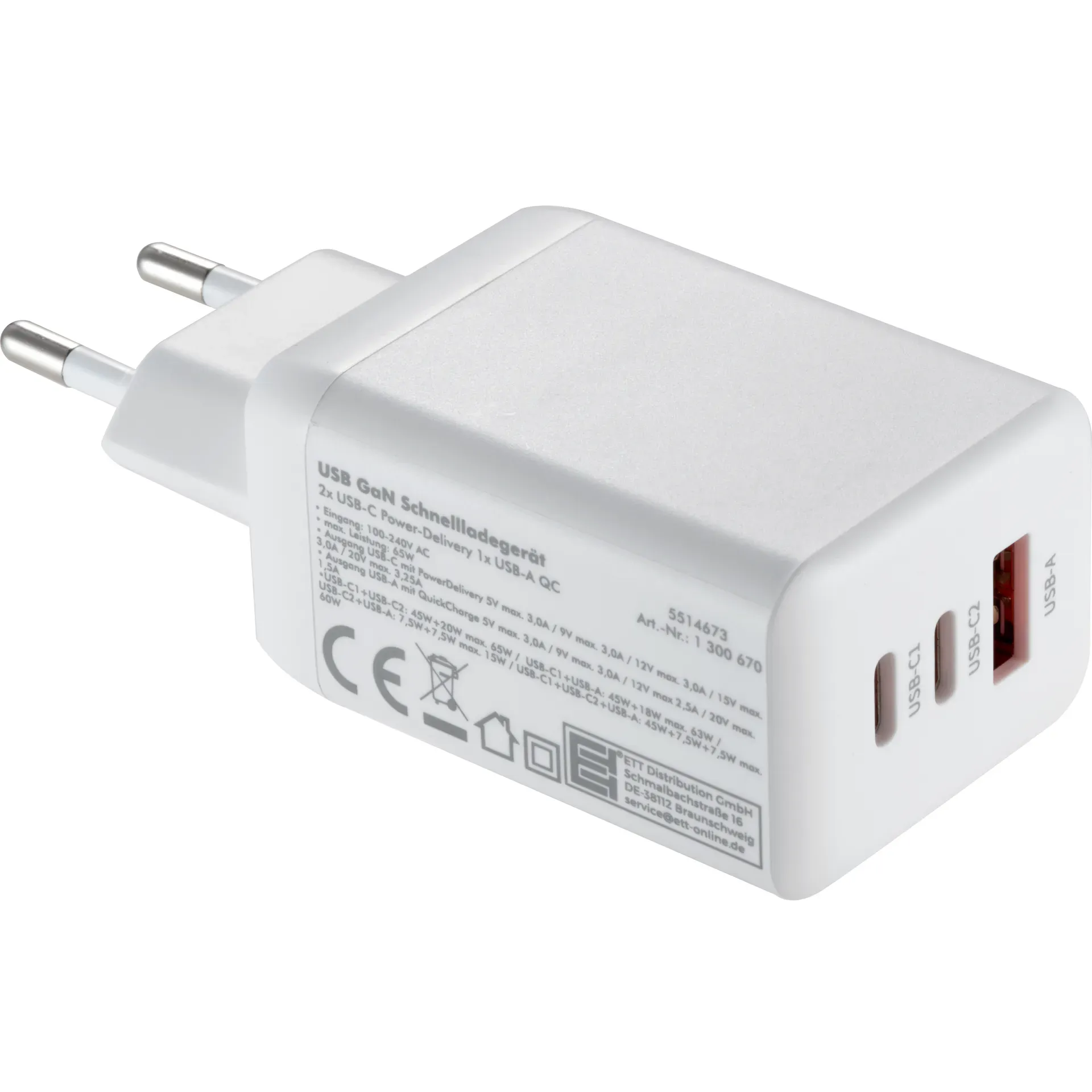 USB GaN Schnellladegerät McPower, 65W, 2x USB-C PowerDelivery, 1x USB-A QC – Bild 2