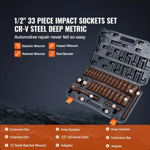 VEVOR 1/2 Zoll Steckschlüsselsatz CR-V-legierter Stahl 33-tlg Steckschlüssel Satz 10-24 mm Tiefe Stecknüsse Schlagschrauber, HRC 42-48 Steckschlüssel inkl Werkzeugkoffer, Metrisch Schraubenausdreher – Bild 2