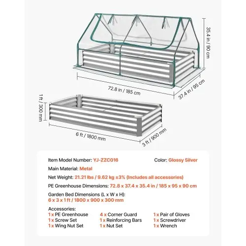 VEVOR Hochbeet Metall 180x90x30 cm, Rechteckiges Gartenbeet, Pflanzkasten-Set für den Außenbereich, Gemüsebeet mit Gewächshausabdeckung & Handschuhen, Blumenbeet, Pflanzbeet für Blumen & Gemüse – Bild 6