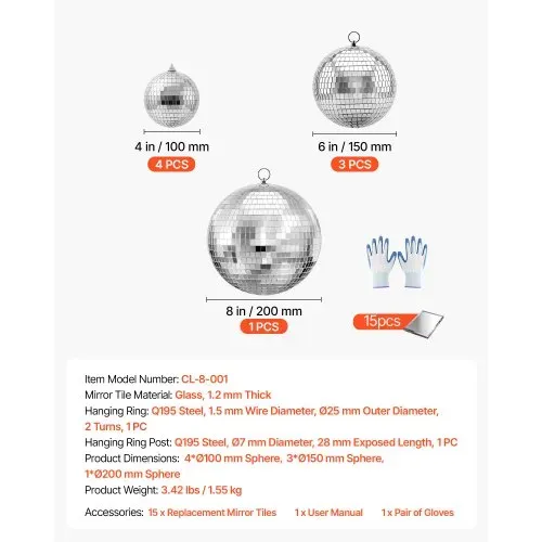 VEVOR Spiegelkugel Discokugel Mirrorball 100/150/200 mm 8er-Pack Hängerring, für Party- & Heimdekoration DJ Tanzclub, Equipment für Lichteffekte & Partybeleuchtung, 360°-Reflexion, Wiederverwendbar – Bild 6