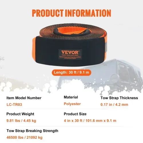 VEVOR Abschleppgurt 101,6 mm x 9,1 m, 21092 kg Bruchfestigkeit, dreifach verstärkte Schlaufengurte, Abschleppen und Bergen im Gelände, extreme Wetterbeständigkeit, Schutzhüllen und Aufbewahrungstasche – Bild 6