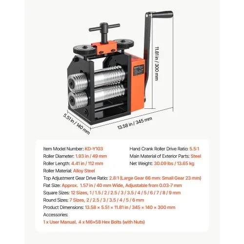 VEVOR Handwalzwerk 40 mm 3-in-1 Kombinationswalzwerk Rund Flach Quadrat, Manuelles Schmuckwerkzeug für DIY-Schmuckhersteller, Einstellbare Dicke 0,03–7 mm, für Duktile Metalle Gold Silber Kupfer Alu – Bild 6