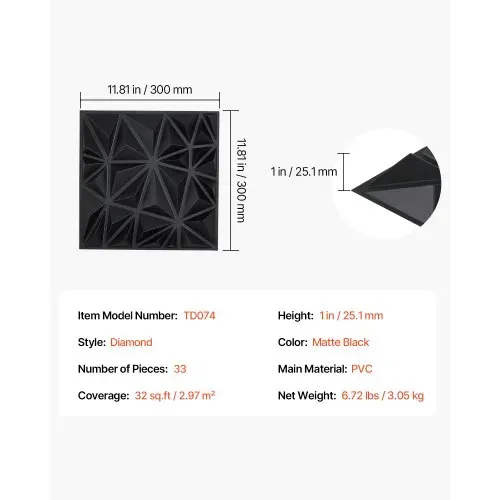 VEVOR 3D-Wandpaneele, 33er-Set 30x30 cm PVC-Moderne minimalistische Wandverkleidung, 2,97 m², Wanddeko, Inneneinrichtung für Decke, Schlafzimmer, Wohn- und Spielzimmer, Mattschwarz – Bild 6