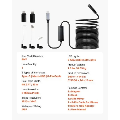 VEVOR Endoskopkamera mit 15 m langem Kabel, 1920P HD-Inspektionskamera für Android & iOS, industrielle Kanal-Kamera mit Licht – 8 LEDs, 2-facher Zoom, IP67-Schlangenkamera für Auto, Sanitär – Bild 6