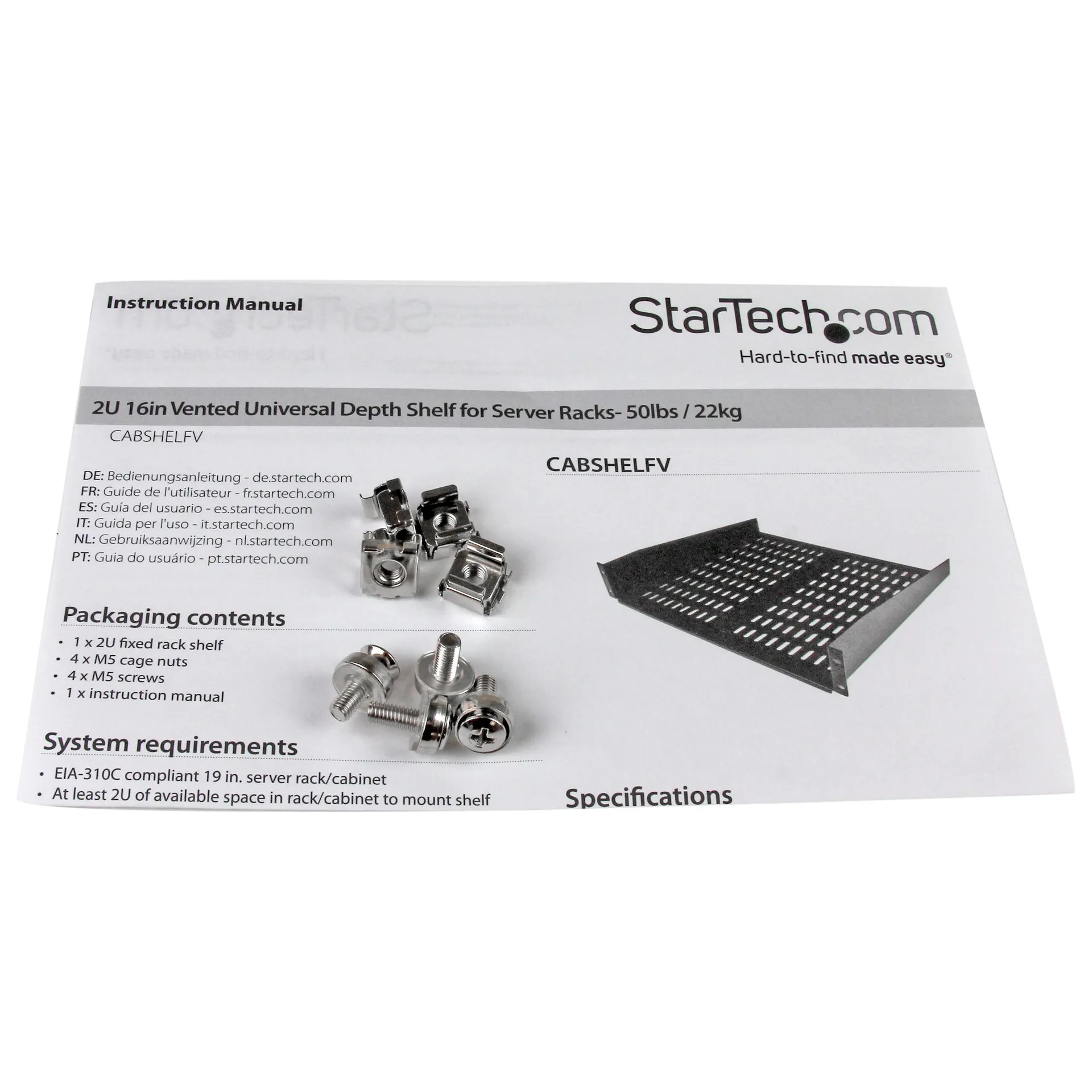 StarTech.com 2 HE Universal Server Rack/ Schrank Fachboden bis 22 Kg - 40 cm Tief - belüftet – Bild 3