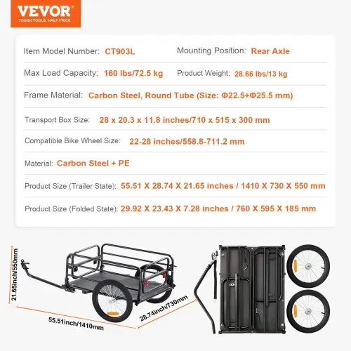 VEVOR Fahrradanhänger, 72 kg Tragkraft, robuster Fahrradwagen, kompakte Aufbewahrung und Schnellverschluss mit Universalkupplung, 40,6 cm Räder, passend für 55,9–71,1 cm große Fahrradräder – Bild 6