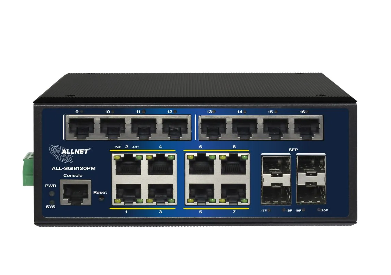 ALLNET Switch industrial full managed Layer2+ 20 Port GbE • PoE Budget 240W • 8x PoE at • 8x GbE • 4x SFP • DIN • Lüfterlos • ALL-SGI8120PM – Bild 3