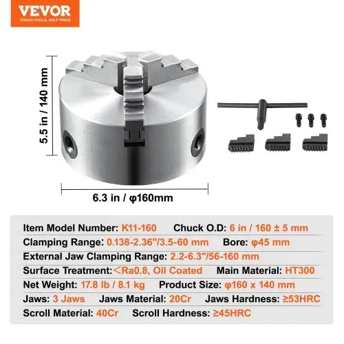 VEVOR Drehbankfutter K11-160 160mm Dreibackenfutter HT300-Material 3 Backenfutter Klemmbereich 3,5–160mm 3-Backen, 20Cr, ≥53HRC φ45mm Bohrung Spannfutter Drechselbank Selbstzentrierend – Bild 6
