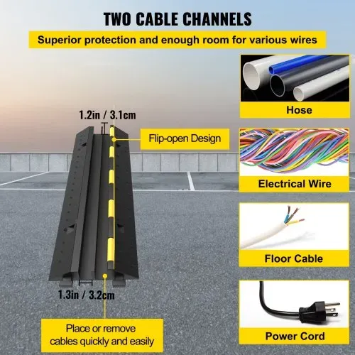 VEVR Kabelschutzmatte 3 Stück 2 Kanal, 101 x 25 x 5 cm Überfahrschutz für Kabel, Kabelbrücke 5T aus Handelsüblichem Thermoplastischem Gummi mit Modularem Design für Parkplätze, Lagerhäuser, Schwarz – Bild 2