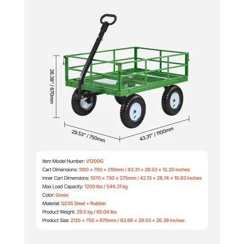 VEVOR Bollerwagen 110x75x67 cm, Transportwagen, Gartenwagen, Gerätewagen, 2-in-1-Handwagen, mit All-Terrain-Reifen, abnehmbaren Seitenteilen aus Netzmaterial & um 180° drehbarem Griff Grün/Schwarz – Bild 6