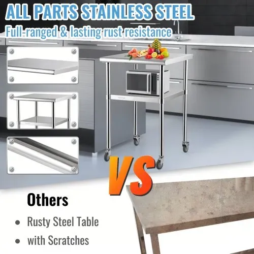 VEVOR Kommerzieller Edelstahltisch 61 x 61 x 91,4 cm, Rollbarer Zweilagiger Arbeitstisch Zerlegetisch Gastro 181,4 kg + 91 kg Tragfähigkeit, Gewerbe Küchentisch, Zubereitungstisch Küchenmöbel – Bild 2