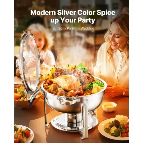 VEVOR Chafing Dish Buffet Speisenwärmer mit 2 Behältern in voller Größe (4,7 L pro), runder Catering-Wärmespender mit Glasdeckel & Wasserpfanne & klappbarer Ständer, für Buffet Partys Silber VEVOR Chafing Dish Buffet Speisenwärmer mit 2 Behältern in voller Größe (4,7 L pro), runder Catering-Wärmespender mit Glasdeckel & Wasserpfanne & klappbarer Ständer, für Buffet Partys Silber