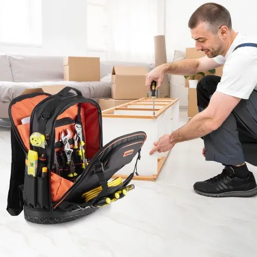 VEVOR Werkzeugrucksack mit 65 Taschen, Backpack inkl. 21-teiliges Werkzeugset, Werkzeugtasche mit Laptopfach, für Elektriker, Reparaturtechniker und Heizungs-, Lüftungs- und Klimatechniker – Bild 7