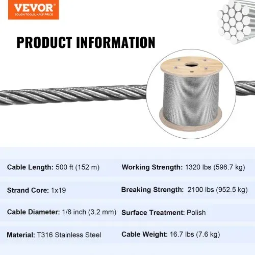 VEVOR 316 Edelstahl Kabel Drahtseil 1x19 150 M, Stahlseil Seil Draht Stahl Mindestbruchkraft 8,3 KN, Edelstahl-Drahtseil-Kabel Rostfrei Zugfestigkeit 1570 MPa für Leichtindustrie Brücken usw. – Bild 6