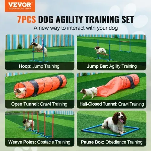 VEVOR Agility-Trainingsausrüstung für Hunde, 7-teiliges Upgrade-Set mit verstellbaren hohen Hürden, 6 Slalomstangen, 2 Tunneln, Sprungring, Pausenbox, 3 Frisbees, Pfeife, faltbarer Schüssel, Hindernisparcours-Set für Welpen mit 3 Taschen VEVOR Agility-Trainingsausrüstung für Hunde, 7-teiliges Upgrade-Set mit verstellbaren hohen Hürden, 6 Slalomstangen, 2 Tunneln, Sprungring, Pausenbox, 3 Frisbees, Pfeife, faltbarer Schüssel, Hindernisparcours-Set für Welpen mit 3 Taschen