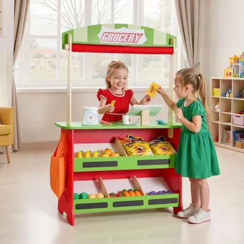 VEVOR 2-in-1 Spielset Puppentheater aus Holz mit Vorhängen, Kaufmannsladen, doppelseitiges Holzspiel mit Tafel und Registrierkasse, Marktstand zum Rollenspiel für Kinder ab 3 Jahren – Bild 6