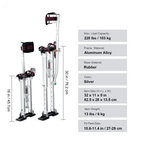 VEVOR Arbeitsstelzen Trockenbau 45,7-76,2cm Höhenverstellbar Aluminiumstelzen Deckenbau 103kg Tragfähigkeit Malerstelzen 27-29cm Fußgröße Für Malerarbeiten Heimdekoration Baumschnitt Elektroarbeiten – Bild 6