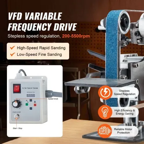 VEVOR Bandschleifmaschine, 762x25,4mm Bandpolierer mit variabler Geschwindigkeit und VFD, 550 W Polier- und Schleifmaschine mit 2 Schleifformen und 3 Schleifbändern für die Metallbearbeitung, Messerherstellung – Bild 2