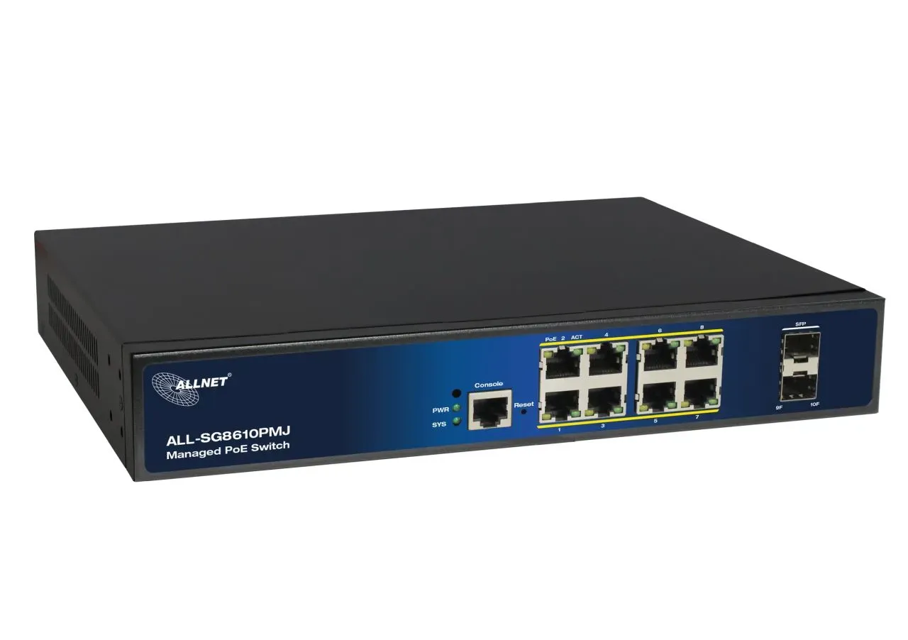 ALLNET Switch full managed Layer2+ 10 Port • 8x GbE • PoE Budget 130W • 8x PoE at • 2x SFP • 19" • Lüfterlos • JSON API • ALL-SG8610PMJ – Bild 2