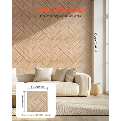 VEVOR 3D-Wandpaneele, 12er-Set, 150x50cm PVC-Wandverkleidung im modernen minimalistischen Stil, 2,97m² Deckkraft, Inneneinrichtung für Schlafzimmer, Wohn- & Spielzimmer, helle Holzfarbe – Bild 4